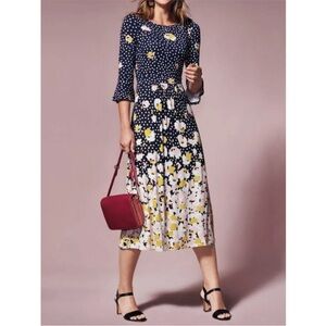 Boden Navy Polka Dot and Floral Midi Dress